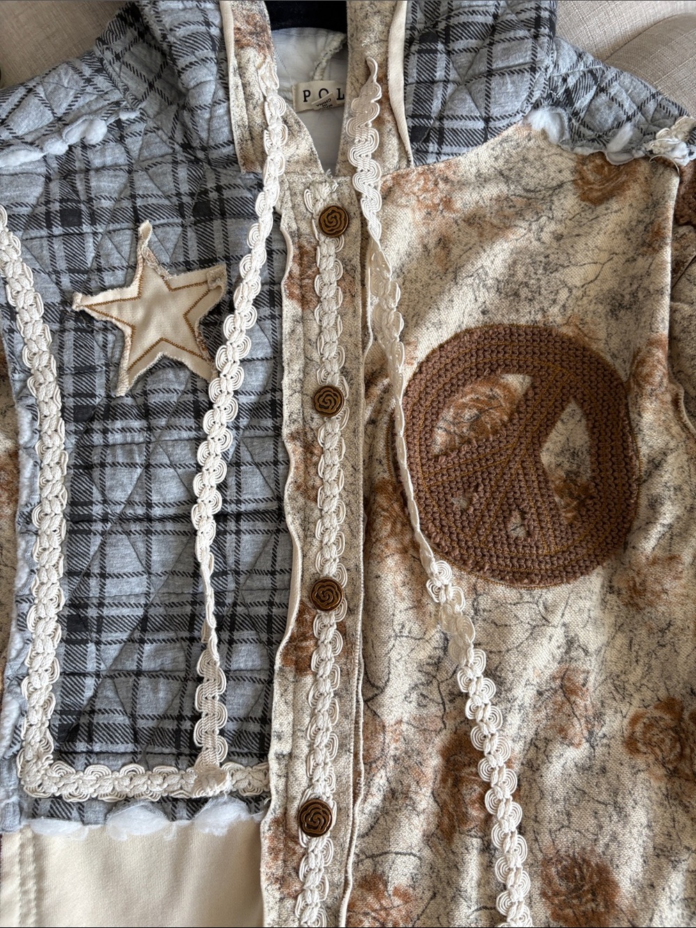 POL Beige, Tan & Gray Patchwork Hooded Jacket with Peace Patch - Picture 6 of 14